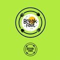 Breakfast logo. Cafe or snack emblem. Fried eggs and forks with spoons in a circle