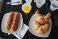 Breakfast lunch brunch croissant pastries food and orange juice drink still life