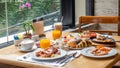 Breakfast in luxury hotel. Table full various food from buffet in modern resort Royalty Free Stock Photo