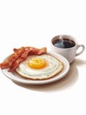 Breakfast made up of fried egg with bacon and cup of black coffee. Royalty Free Stock Photo