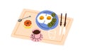 Breakfast meal, dish. Fried eggs served with vegetables, coffee cup, fruit. Healthy lunch, brunch, traditional tasty