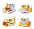 Breakfast meals. Cartoon morning food types. Serving lunch with sandwiches and sweet muffins. Bowl of muesli or oatmeal