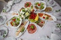 Breakfast meals variety in restaurant flat lay. Top view on buffet table with different tasty snacks.