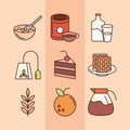 breakfast menu ingredient cereal coffee cake fruit icons set line and fill style Royalty Free Stock Photo