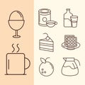 breakfast menu ingredient juice egg cake waffle orange coffee milk icons set line style Royalty Free Stock Photo