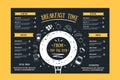 Breakfast menu, restaurant template on chalkboard. Blackboard poster with doodle icons with alarm, fruit, plate Royalty Free Stock Photo