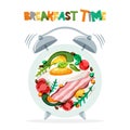 Breakfast menu vector design. Fried eggs, bacon, avocado, tomato on plate with alarm clock. Breakfast time concept. Royalty Free Stock Photo