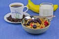 Breakfast, milk, banan, cereal, coffee and bowl Royalty Free Stock Photo
