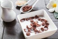 Breakfast - milk with chocolate corn flakes cereal in bowl