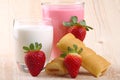 Breakfast with milk, strawberry smoothie and afternoon snack