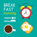 Breakfast morning. Alarm clock, coffee, fried eggs, cheese and bread, fork and knife. Vector