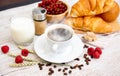 Breakfast in the Morning with Black coffee cup with bread with Croissant and fruit on the wooden table Royalty Free Stock Photo