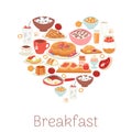 Breakfast morning meal in heart shape menu with coffee, croissant, waffles, fried eggs and bacon, oatmeal top view