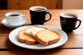 Slice of bread with honey on a white plate on wooden table