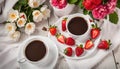 Breakfast for Mothers Day. Heart shaped white plate with fresh strawberries, Royalty Free Stock Photo