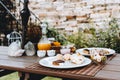 Breakfast at the mountain with fruits and field Royalty Free Stock Photo