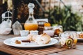 Breakfast at the mountain with fruits and orange juice Royalty Free Stock Photo