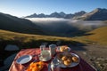 Breakfast mountains. Generate Ai Royalty Free Stock Photo