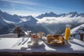 Breakfast mountains winter. Generate Ai Royalty Free Stock Photo