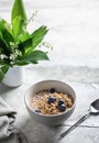 Breakfast Muesli in bowl with blueberries and milk. Healthy eating diet concept. Morning table composition with lilies