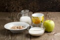 Breakfast with muesli, milk and apple Royalty Free Stock Photo