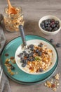 Breakfast with muesli, yogurt, and blueberries Royalty Free Stock Photo