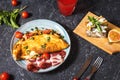 Breakfast mushrooms omelet and sandwich with figs on stone background