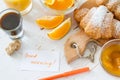 Breakfast note - croissants coffee jam Royalty Free Stock Photo