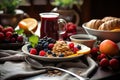 Breakfast with oatmeal, berries and fruit on a wooden table, Rice with vegetables and shrimps on Black background, top view, AI