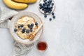 Breakfast oatmeal bowl with blueberries, banana, coconut and honey