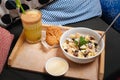 Breakfast. Oatmeal with fruit, biscuits and fresh juice Royalty Free Stock Photo