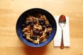 Breakfast with oatmeal, walnuts, milk, and blueberries