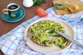 Breakfast, omelet with nettles on a white clay plate. Healthy food