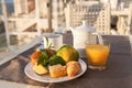 Breakfast on a table at open terrace Royalty Free Stock Photo