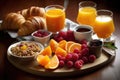 A breakfast of oranges, orange juice, raspberries, coffee, corn flacks and croissants on a table. Created with Generative AI Royalty Free Stock Photo