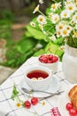 Breakfast outside. Cup of tea, strawberries, cherries, chamomile bunch on table. Summer picnic. Good morning concept