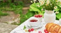 Breakfast outside. Cup of tea, strawberries, cherries, croissants, chamomile bunch on table. Summer picnic. Good morning concept