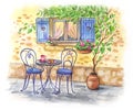 Breakfast outside under the window, watercolor painting Royalty Free Stock Photo