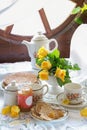 breakfast with pancakes and apple jam for pancake week, spring still life