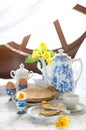 breakfast with pancakes and apple jam for pancake week, spring still life