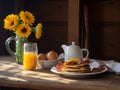 A breakfast of pancakes, bacon, eggs, and orange juice. AI generative image . American Breakfast. Royalty Free Stock Photo