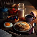 Breakfast with pancakes, berries, eggs and coffee on wooden table