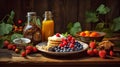 Breakfast with pancakes, berries and fruits