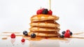 Breakfast pancakes with berries and maple syrup against a white background. Royalty Free Stock Photo