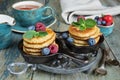 Pancakes and black tea Royalty Free Stock Photo