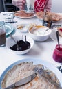 Breakfast with pancakes, jam, ice cream and fruits on white table Royalty Free Stock Photo