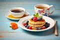 breakfast pancakes with maple syrup and fresh berries on ceramic plate Royalty Free Stock Photo