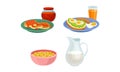 Breakfast with Pancakes, Sandwich and Corn Flakes with Milk in Bowl Vector Set