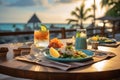 Breakfast in paradise luxury food on a wooden table, tropical backdrop Royalty Free Stock Photo