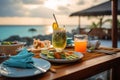 Breakfast in paradise luxury food on a wooden table, tropical backdrop Royalty Free Stock Photo